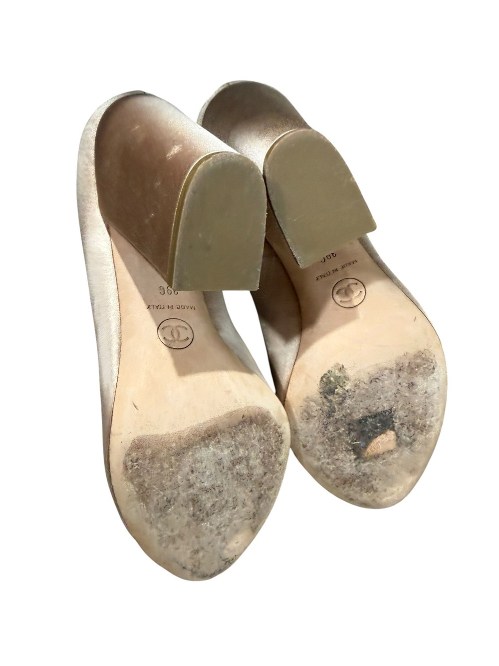 CHANEL 09A Satin Cap Toe Block Heel Pumps Nude Black CC Logo Size 39C - Picture 11 of 13